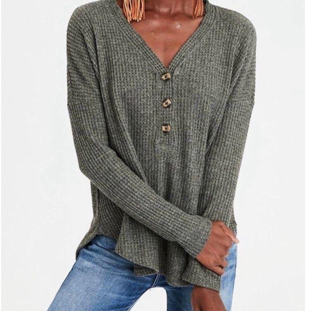 American Eagle Army Green Henley Waffle Thermal
